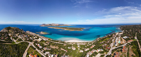 Aerial panorama of famous La Pelosa Beach in Stintino, Sassari Province, Sardegna Island, Italy