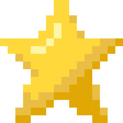 Bright yellow star pixel art, retro game style icon. Vector illustration.
