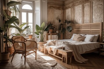 White and beige bohemian farmhouse wooden bedroom. Bed, chair, and plants. Wallpapered shuttered window. Rustic interior design,. Generative AI