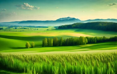 a beautiful green field with mountains in the background - Generative AI
