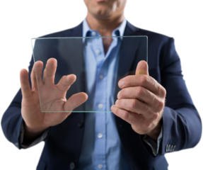 Mid section of businessman using glass tablet computer
