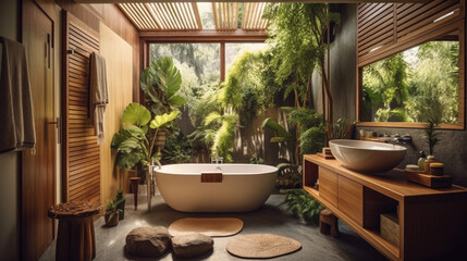 Fototapeta na wymiar Natural spa bathroom design, Generative AI