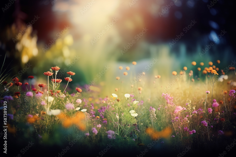 Poster beautiful spring summer landscape with colorful wildflowers and soft morning light. generative ai.