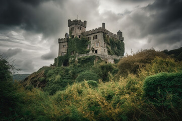 Fototapeta na wymiar An ancient, weathered castle perched atop a hill or cliffside, with ivy-covered walls, turrets, and a backdrop of dramatic, moody clouds