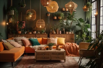Vertical image of bright warm boho living room with contemporary beige couch and orange cushions in resting area, adorned with various green plants. Generative AI