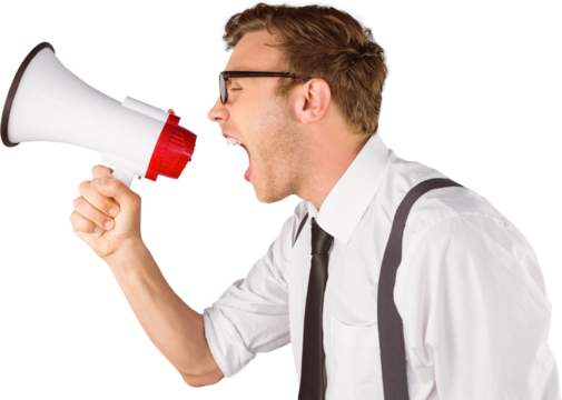 Geeky businessman shouting through megaphone - Powered by Adobe