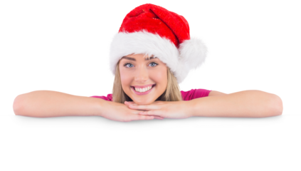 Festive blonde leaning on large poster