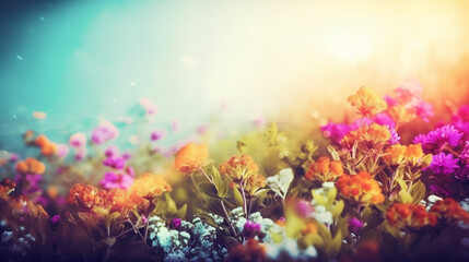 Soft spring summer landscape with colorful wildflowers and blue sky. Generative AI.