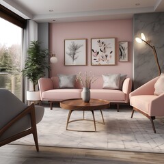 Modern living room interior, art deco design. Pink and gray colors. Lavish fancy luxury apartment interior. Generative AI