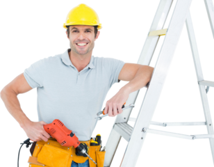 Technician holding drill machine while leaning on step ladder