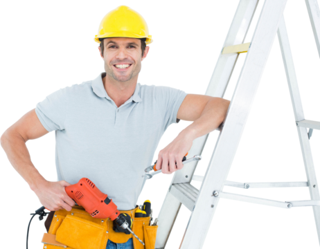 Technician holding drill machine while leaning on step ladder