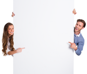 Happy young couple with blank board