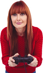 Smiling hipster woman playing video games