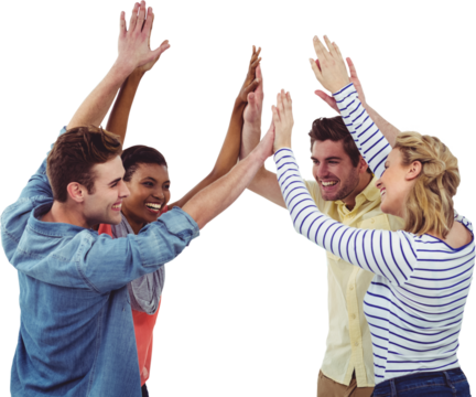 Happy creative team giving high fives to each other