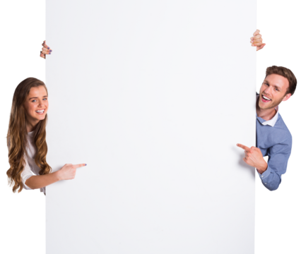 Happy young couple with blank board - Powered by Adobe