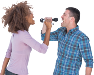 Fun duo singing to each other at karaoke