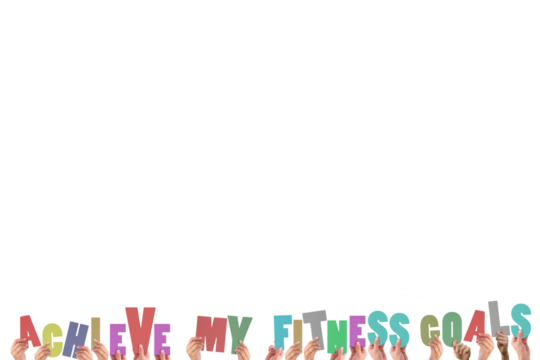 Cropped hands holding colorful words achieve my fitness goals  - Powered by Adobe