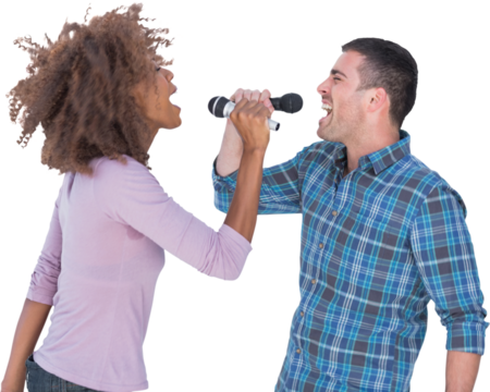 Fun duo singing to each other at karaoke - Powered by Adobe