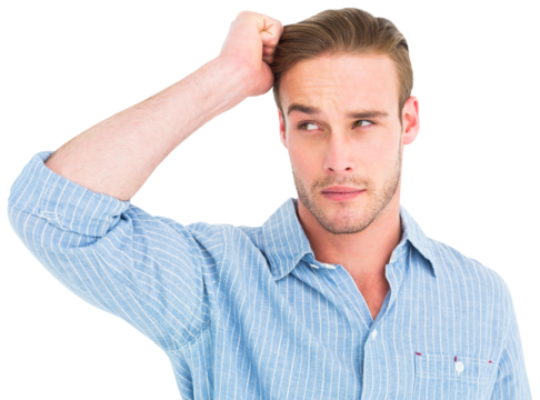 Handsome man in shirt thinking with hand on head