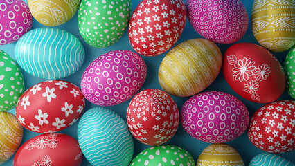 Fototapeta na wymiar Colourful Easter eggs flat lay image, 3d multicolour easter eggs, 2023 Easter background