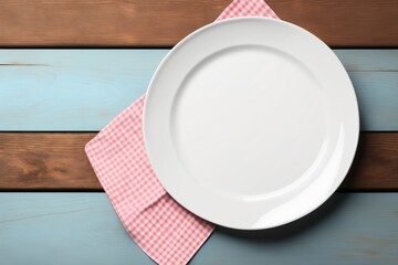 porcelain plate on a cloth with a white and red square design on a rustic wooden table, porcelain plate, cloth and a wooden background, a porcelain plate on a cloth