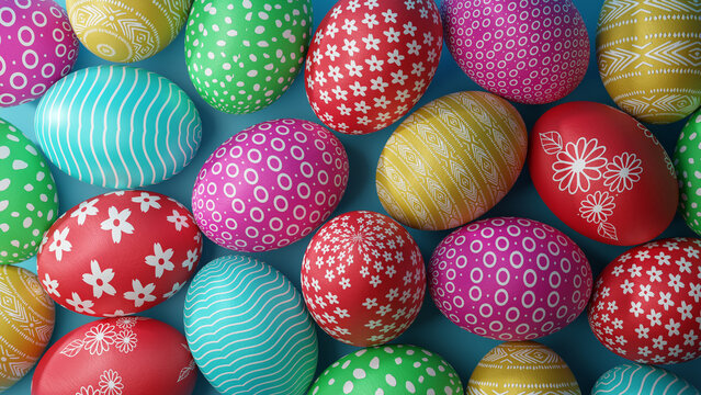 Colourful Easter eggs flat lay image, 3d multicolour easter eggs, 2023  Easter background