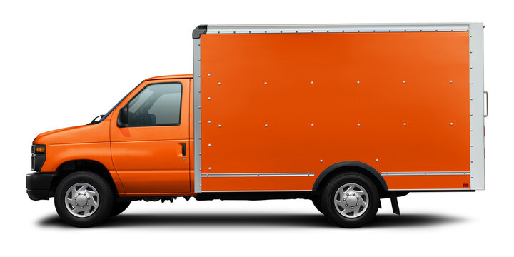 A small delivery van with a full orange cab and van, isolated on a white background.