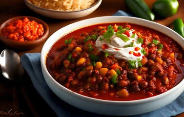a bowl of chili with sour cream and sour cream - Generative AI