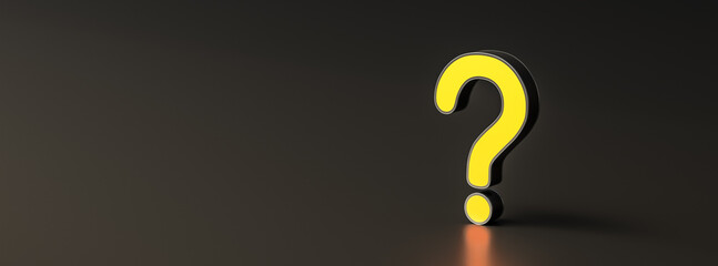 Yellow question mark on black background with empty copy space on left side, FAQ Concept. 3D Rendering