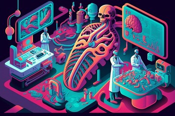 colorful illustration of a lab with humans working in it, warm colors, created by generative ai
