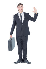 Geeky businessman waving at camera 