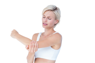 Suffering woman touching her sore elbow