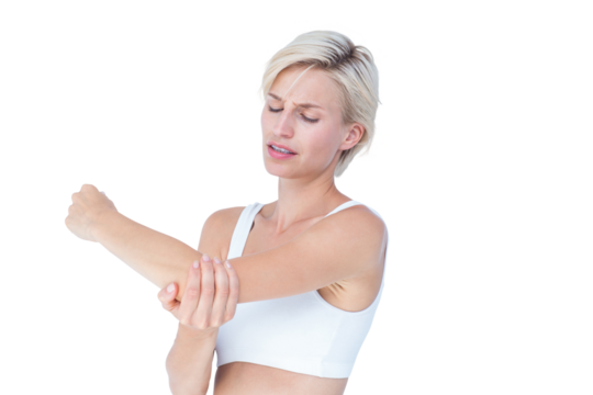 Suffering woman touching her sore elbow