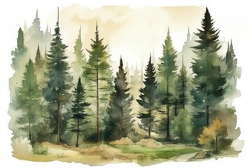 peaceful forest with tall trees and a flowing river in watercolor. Generative AI