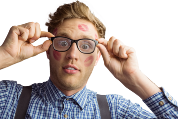 Geeky hipster covered in kisses