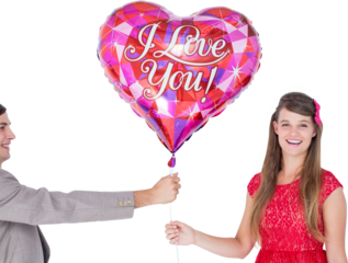 Geeky hipster offering red heart shape balloon to his girlfriend