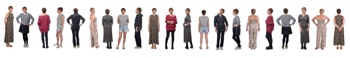 line the same woman in different outfits at different times on white background