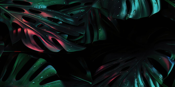 Generative AI illustration of neon Monstera deliciosa leaves growing in tropical forest for creative design elements