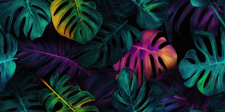 Generative AI illustration of neon Monstera deliciosa leaves growing in tropical forest for creative design elements