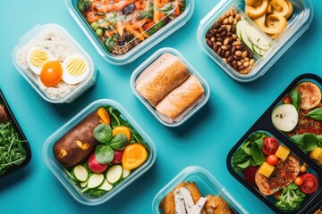 delivery of wholesome food. Organic everyday meal taken out on a blue copy space. Clean eating idea, healthy meal, and takeout nourishment for exercise, top view. Generative AI