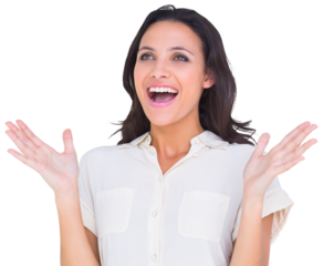 Surprised brunette with hands up