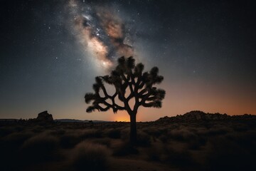 Obraz na płótnie Canvas a joshua tree in the middle of a desert at night with the milky in the background and stars in the sky above it, with a bright orange glow. generative ai