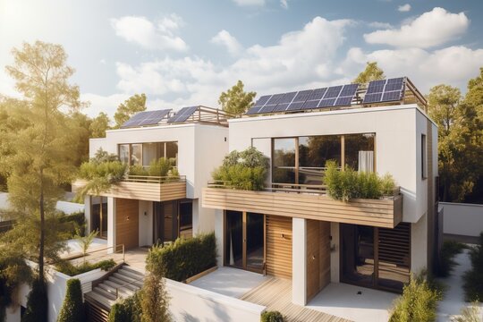  a house with a solar panel on the roof and a balcony with plants on the balconies on the second floor of the house.  generative ai