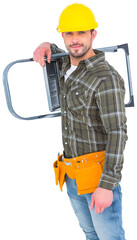 Smiling manual worker carrying step ladder