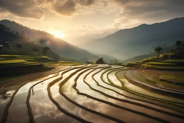 Fotobehang  the sun is setting over the rice terraces in the mountainside area of a village in the mountainside area of a city in the philippines.  generative ai © Oleg