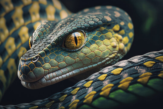 Generative AI image of snake with high detailed head in black and yellow skin with curved body over green blurred background