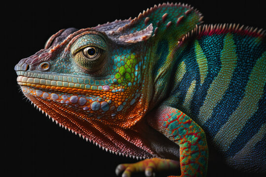 Generative AI illustration of realistic multicolored chameleon with iridescent skin in speckles over black background