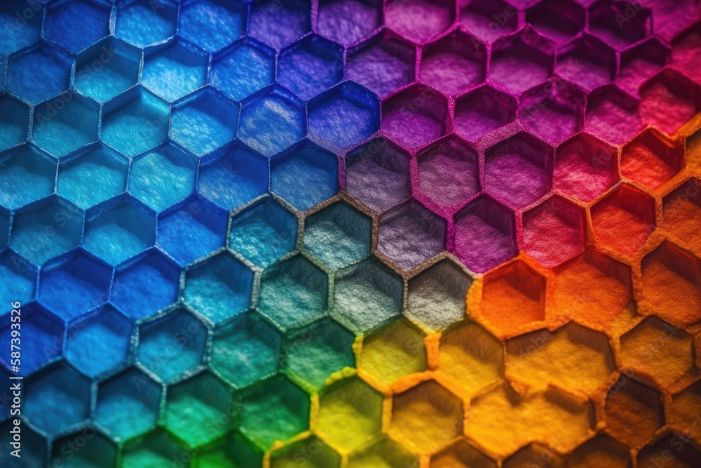 Poster rainbow-colored hexagonal pattern in close-up view. generative ai