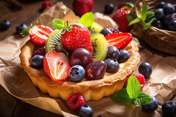 Freshly baked fruit tart  with a golden crust and fresh berries - obrazy, fototapety, plakaty