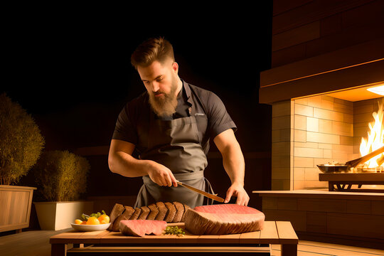 Professional brutal chef with a fancy beard grills traditional American juicy steaks. Generative AI